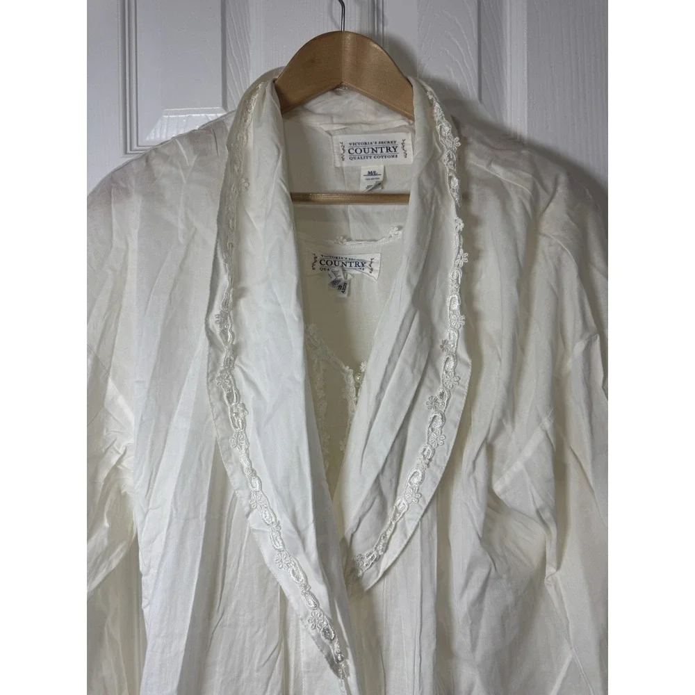 Vtg Victoria's Secret Country Cottons White Nightgown Robe Women's M/L 2pc Set